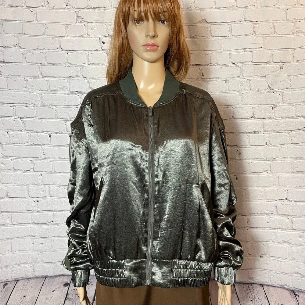 New Free People Movement Relay Zip-Up Olive Satin Bomber Jacket Size M